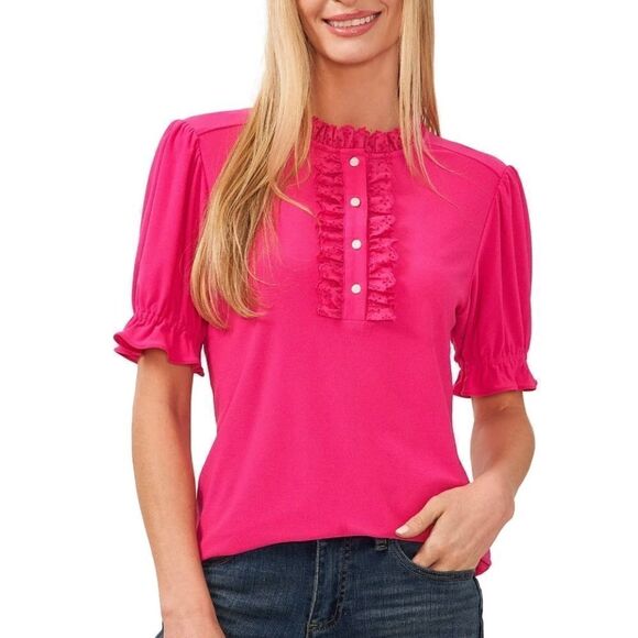 CeCe Ruffle Trim Blouse in Bright Rose NWOT - Picture 2 of 8